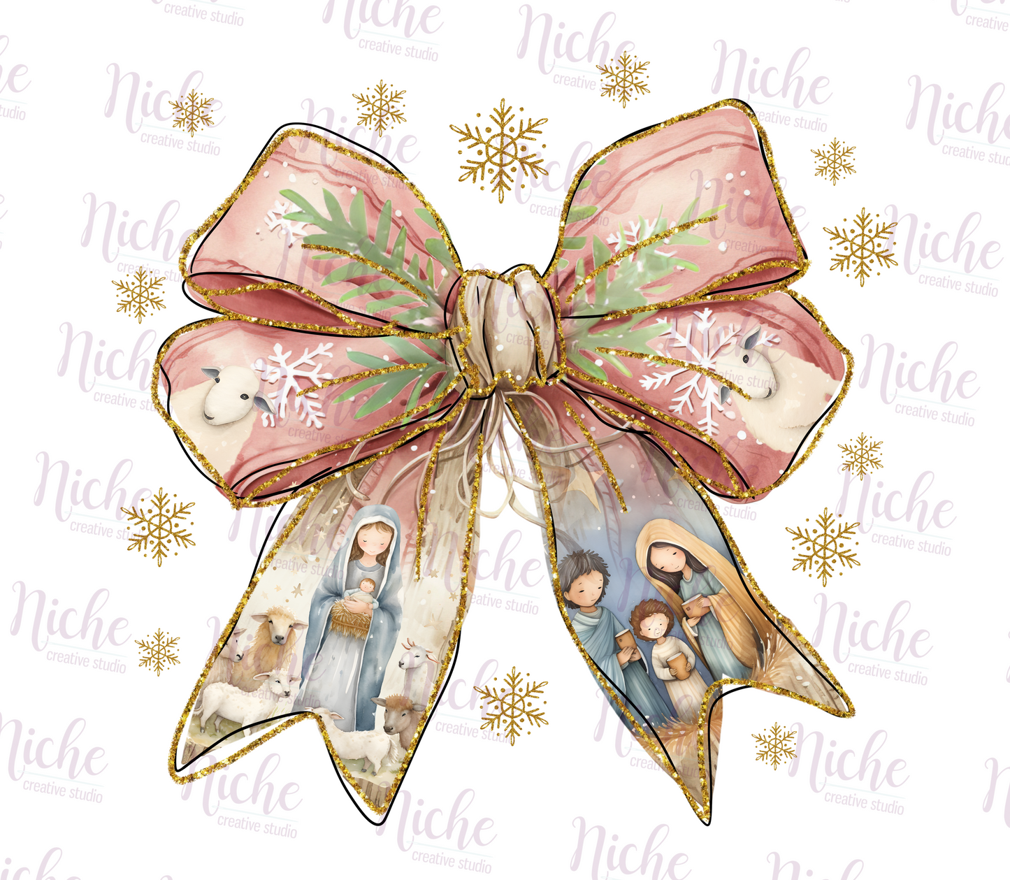 -CHR5472 Coquette Nativity Scene Bow Decal